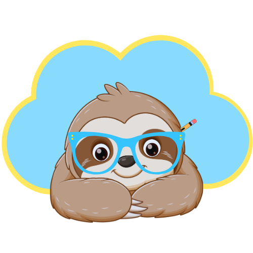 Cartoon sloth wearing blue glasses with a blue cloud background