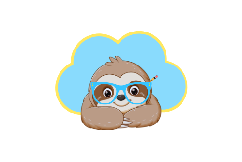 Cartoon sloth with glasses and a blue cloud on a white background