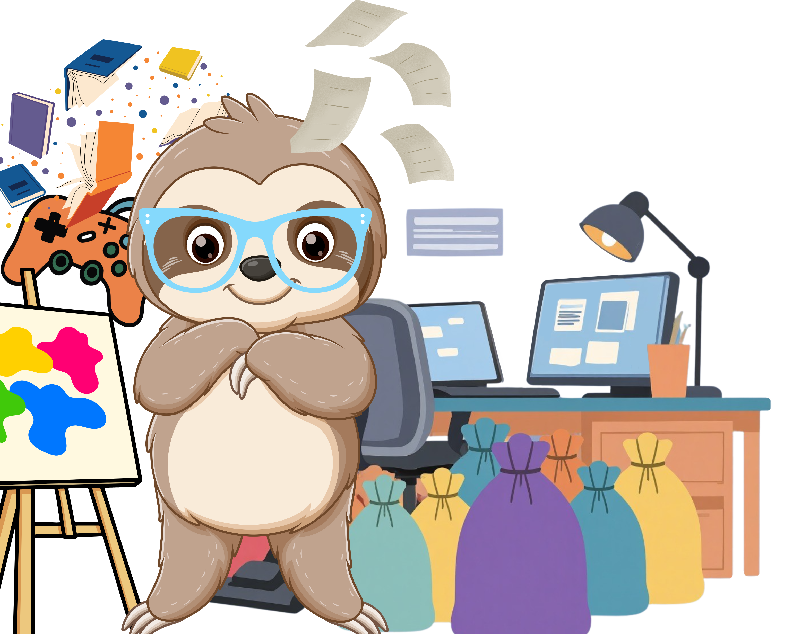 Cartoon sloth at a desk with colorful items and art supplies